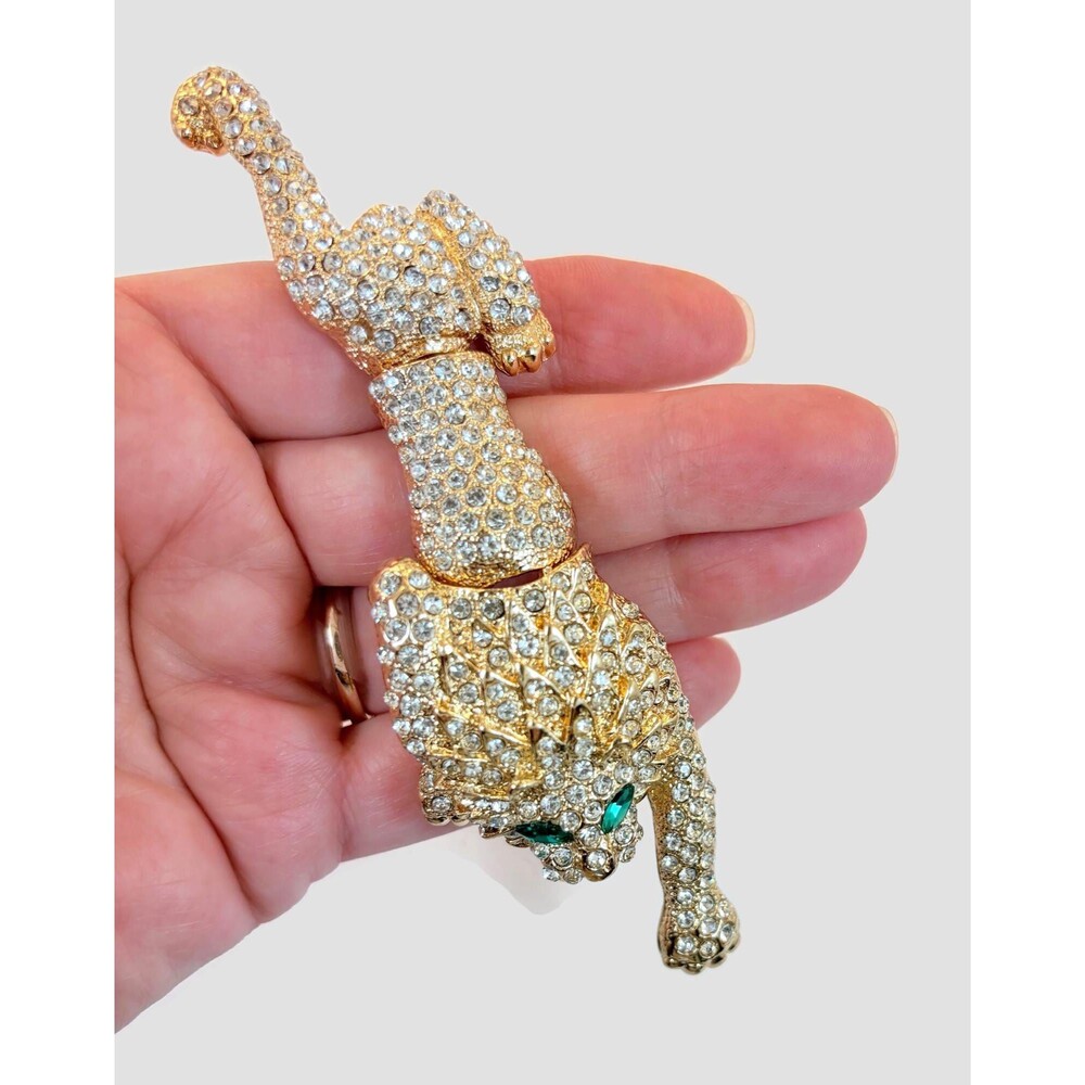 Vintage Shoulder Brooch, Lion, Tiger, Leopard, Rhinestones, Gold Tone, 6" Long - Picture 5 of 7